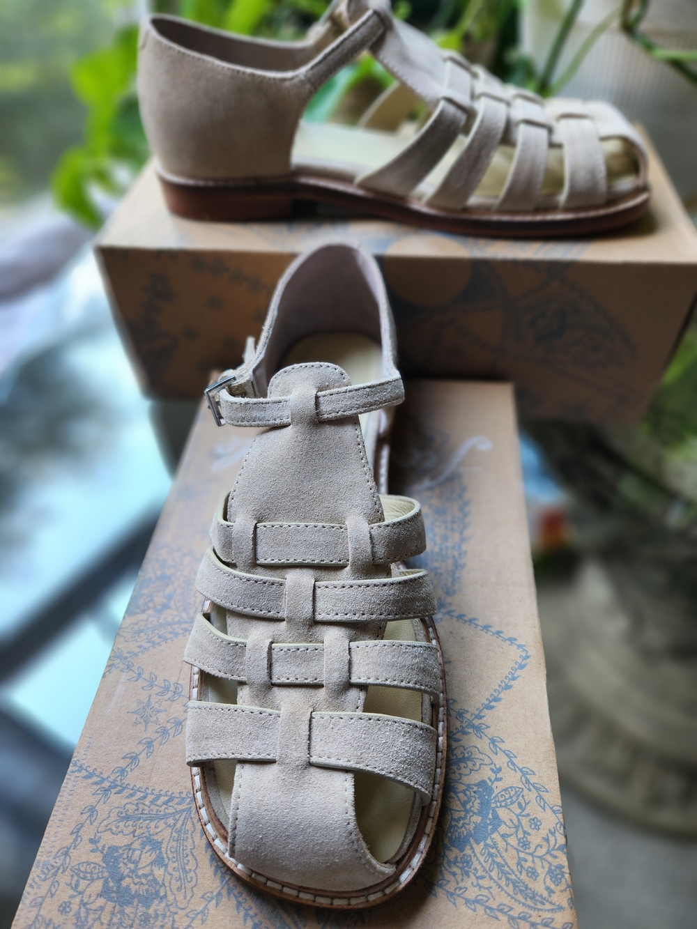 Free People Willow Fisherman Sandals Suede Oiled Silt Beige Cage Flat 7.5 NIB